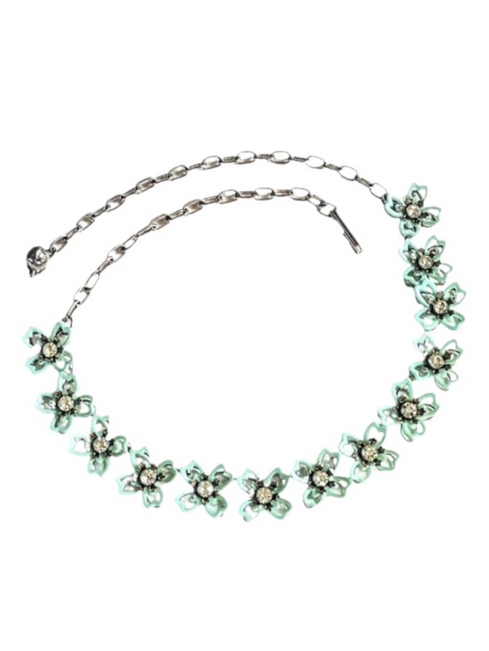 💚 Vintage Pastel Mint Green Rhinestone Floral Link Choker Necklace